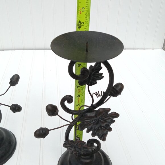 Metal Bronze Acorn Grape Leaf Candlestick Pair Pillar Candle Holder Thanksgiving - Picture 12 of 16